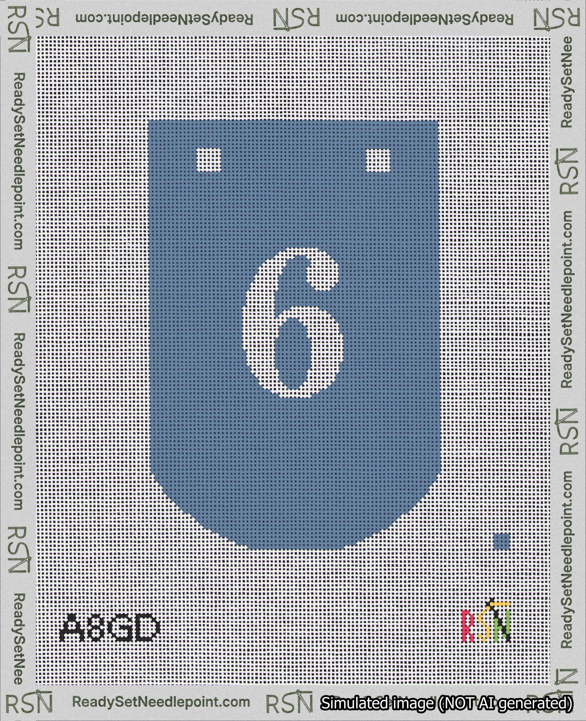 A taped needlepoint canvas with the design: Banner 18 mesh count Curved 6 White on Blue.