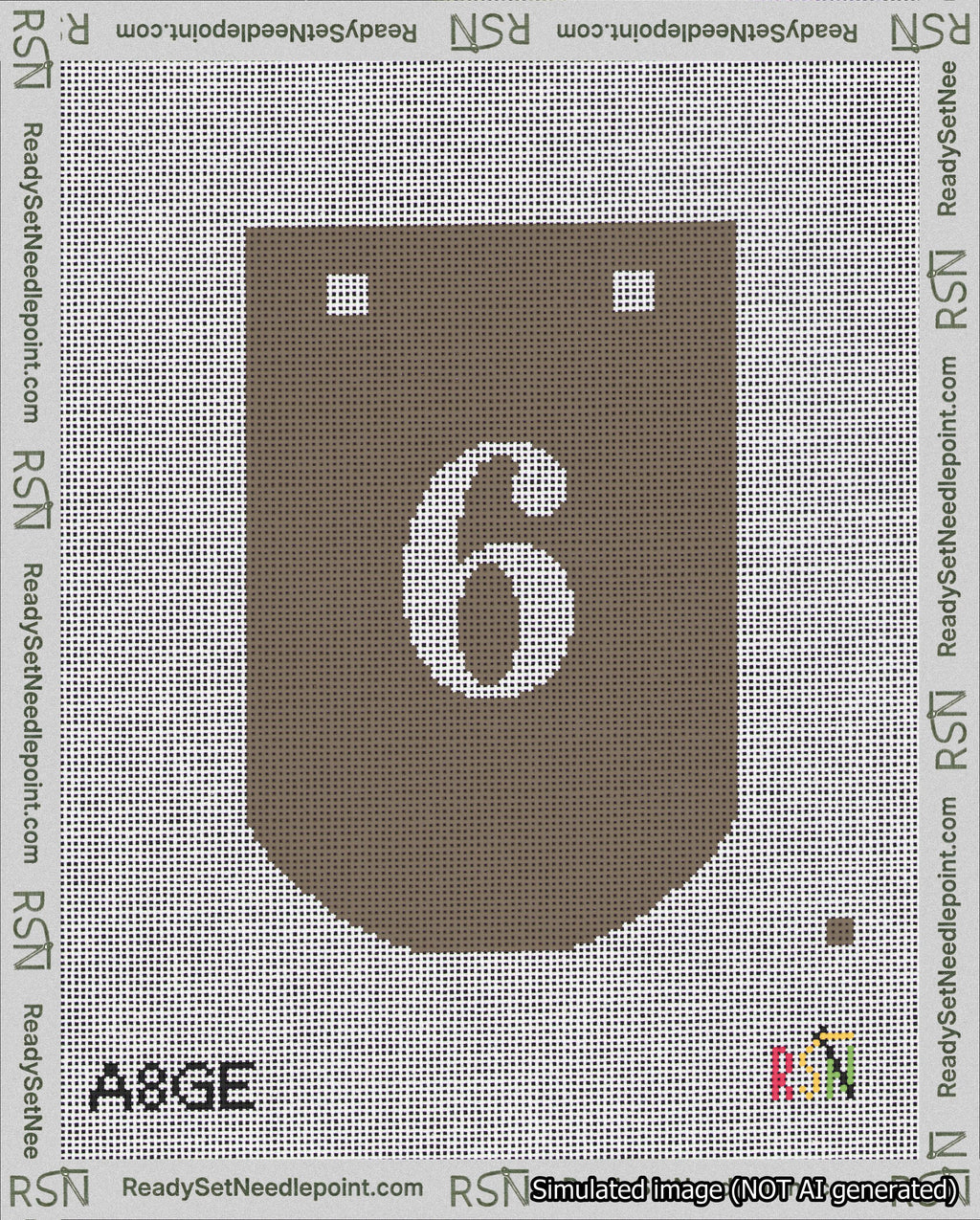 A taped needlepoint canvas with the design: Banner 18 mesh count Curved 6 White on Brown.