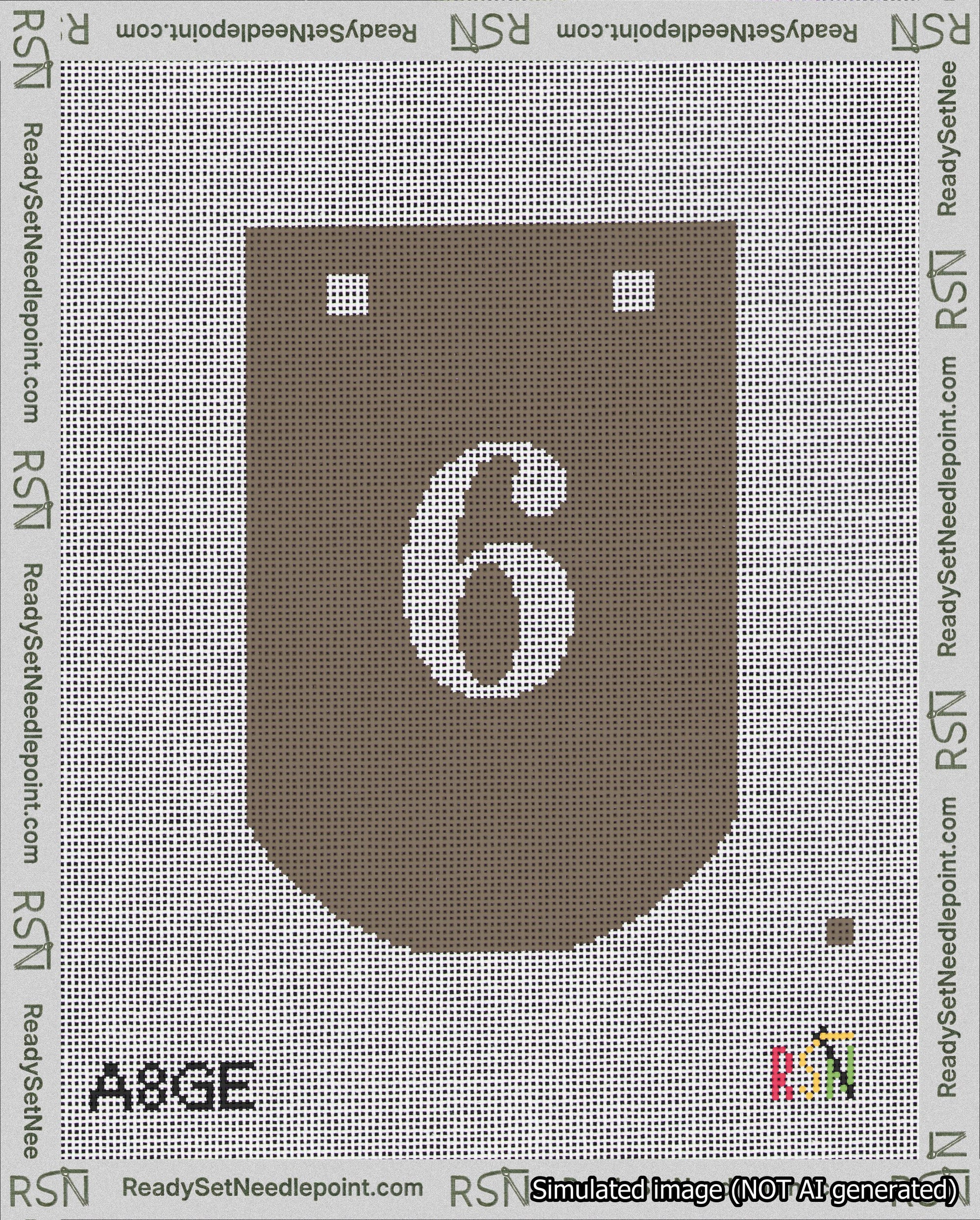 A taped needlepoint canvas with the design: Banner 18 mesh count Curved 6 White on Brown.