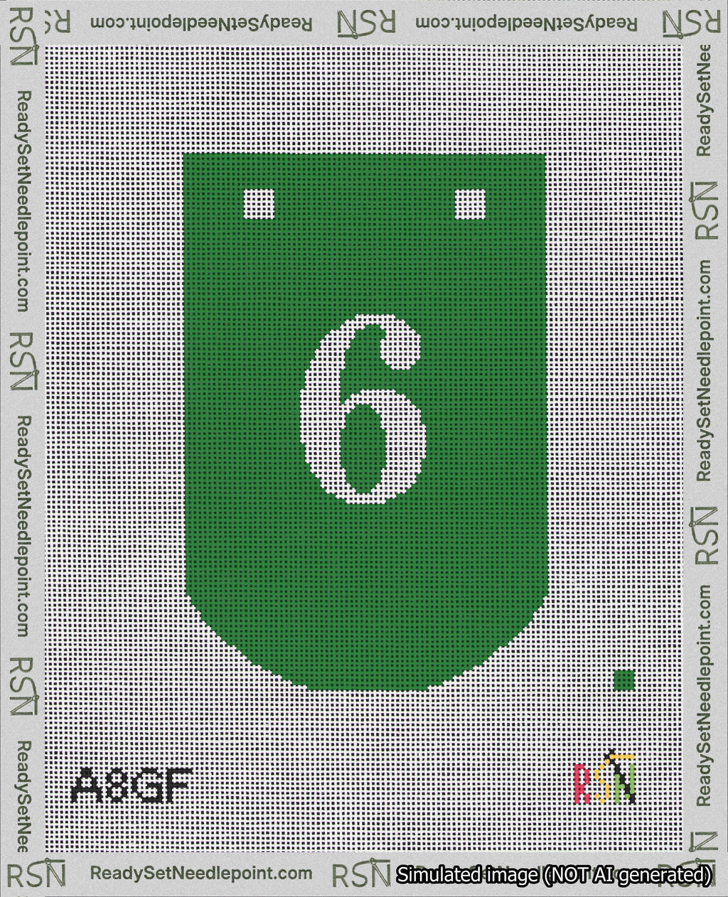 A taped needlepoint canvas with the design: Banner 18 mesh count Curved 6 White on Green.