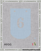A taped needlepoint canvas with the design: Banner 18 mesh count Curved 6 White on Light Blue.