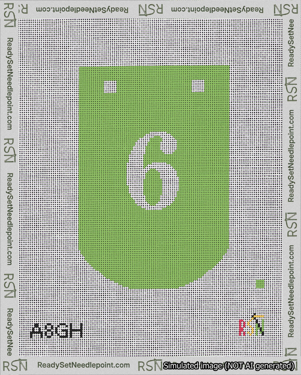 A taped needlepoint canvas with the design: Banner 18 mesh count Curved 6 White on Light Green.