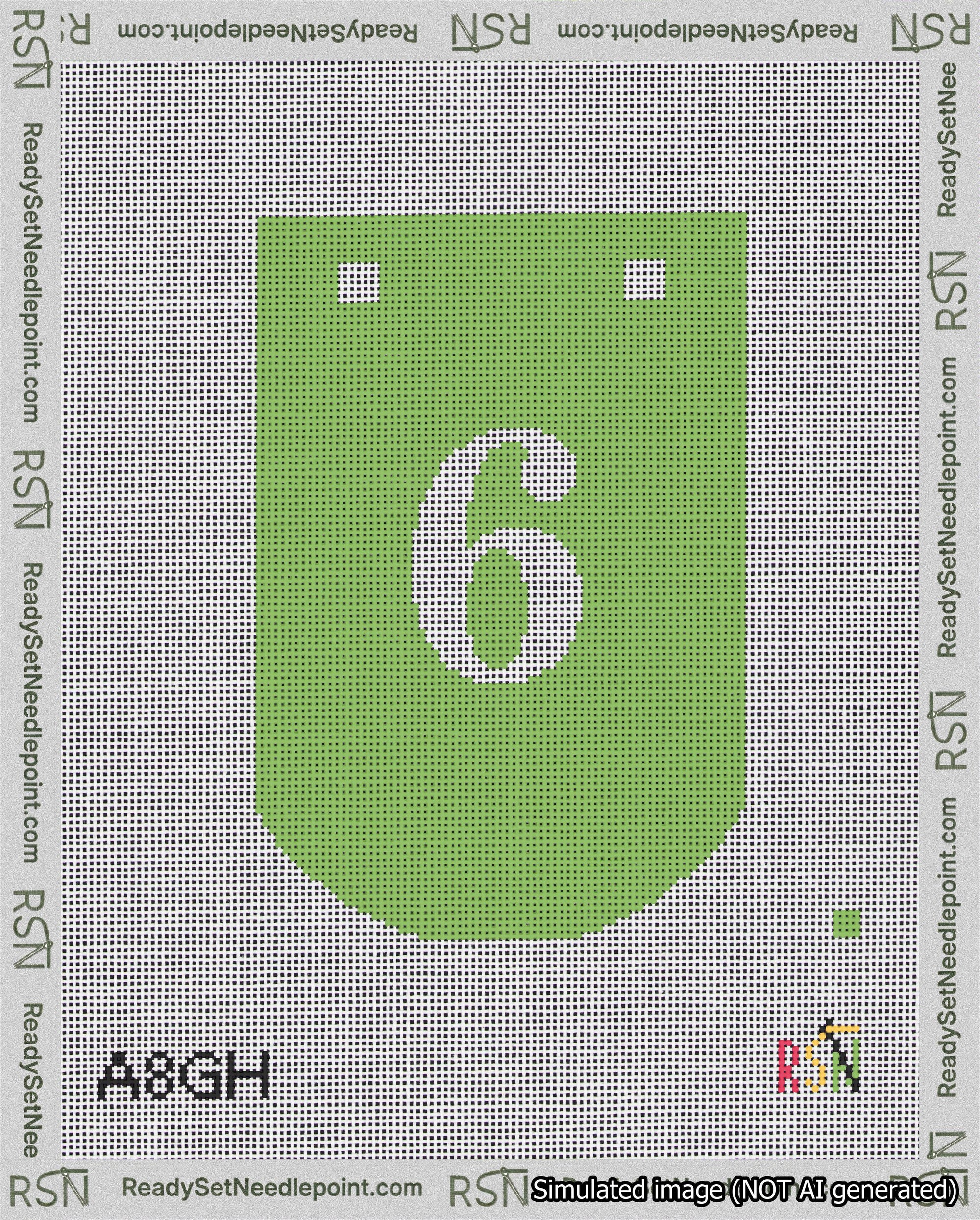 A taped needlepoint canvas with the design: Banner 18 mesh count Curved 6 White on Light Green.