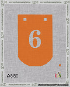 A taped needlepoint canvas with the design: Banner 18 mesh count Curved 6 White on Orange.