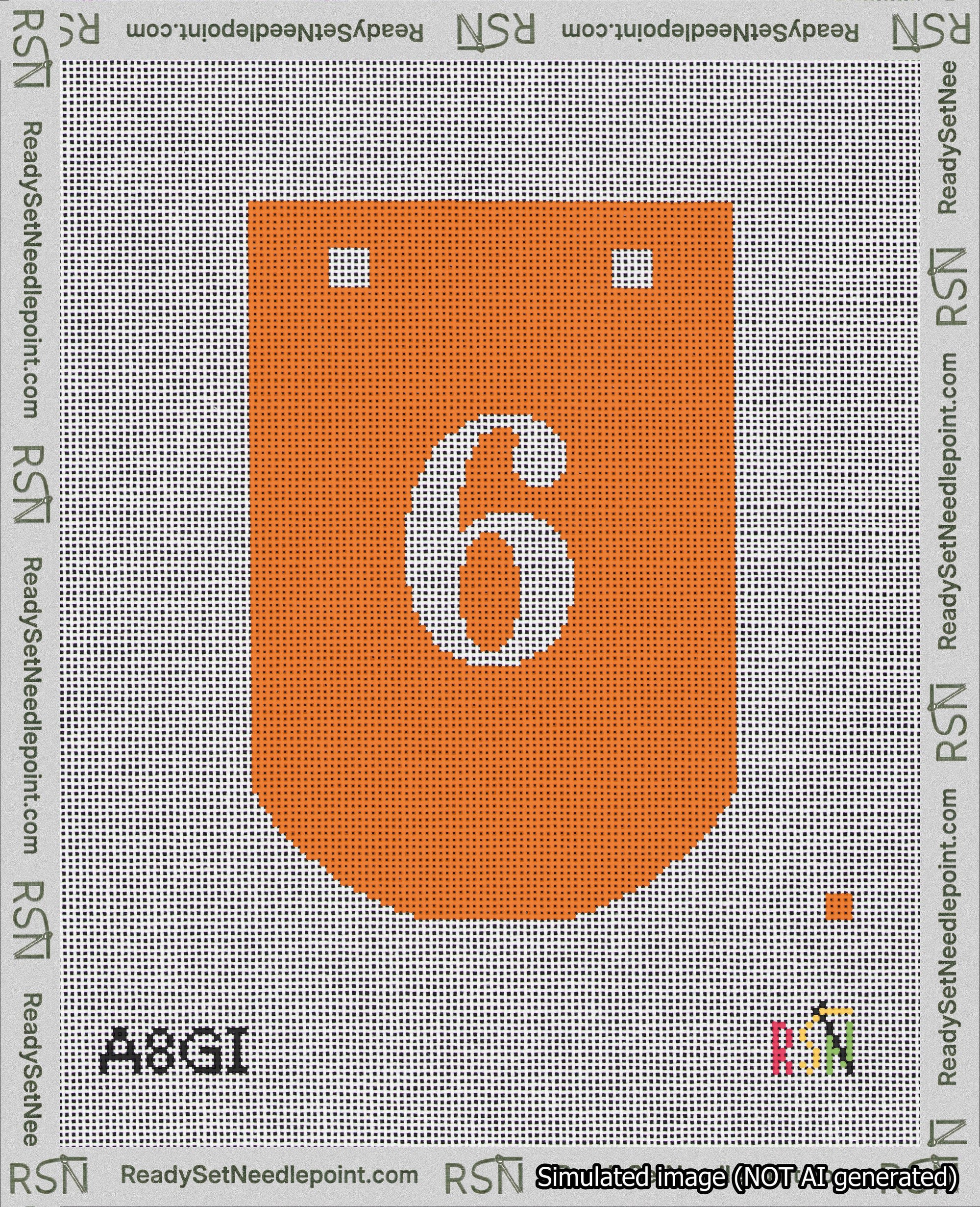 A taped needlepoint canvas with the design: Banner 18 mesh count Curved 6 White on Orange.