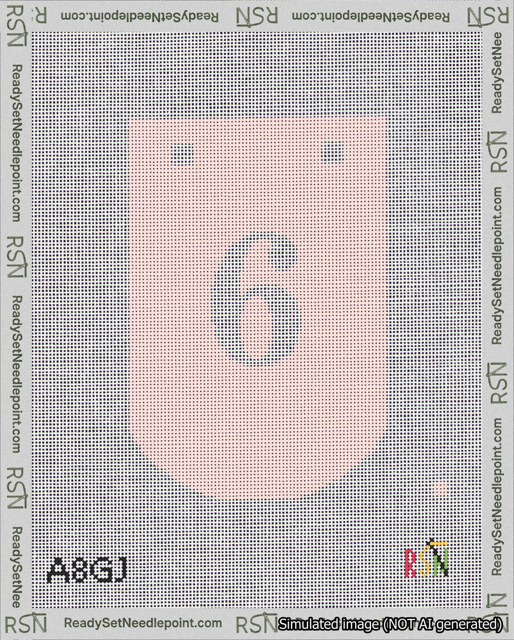 A taped needlepoint canvas with the design: Banner 18 mesh count Curved 6 White on Pink.