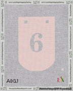 A taped needlepoint canvas with the design: Banner 18 mesh count Curved 6 White on Pink.