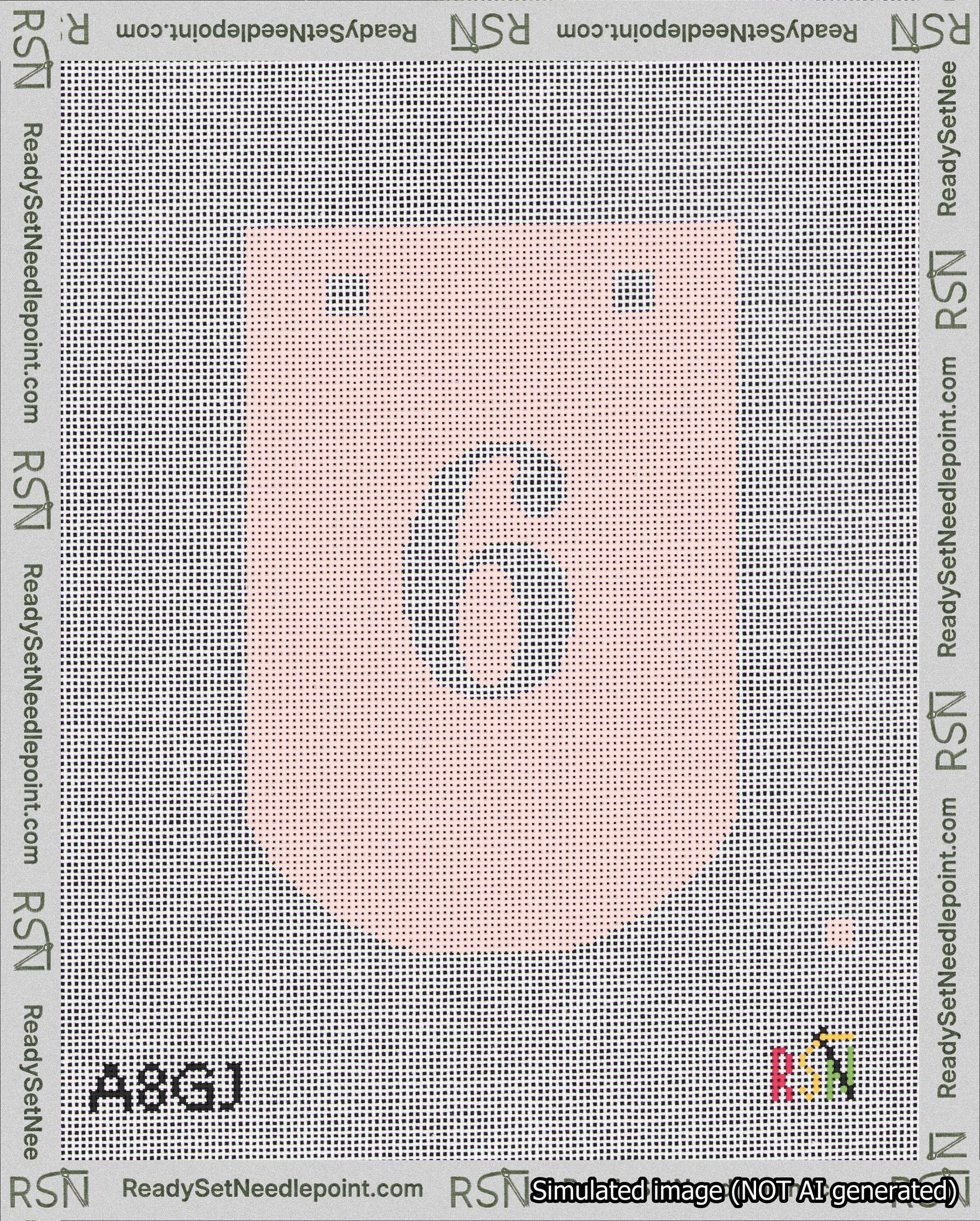 A taped needlepoint canvas with the design: Banner 18 mesh count Curved 6 White on Pink.