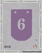 A taped needlepoint canvas with the design: Banner 18 mesh count Curved 6 White on Purple.