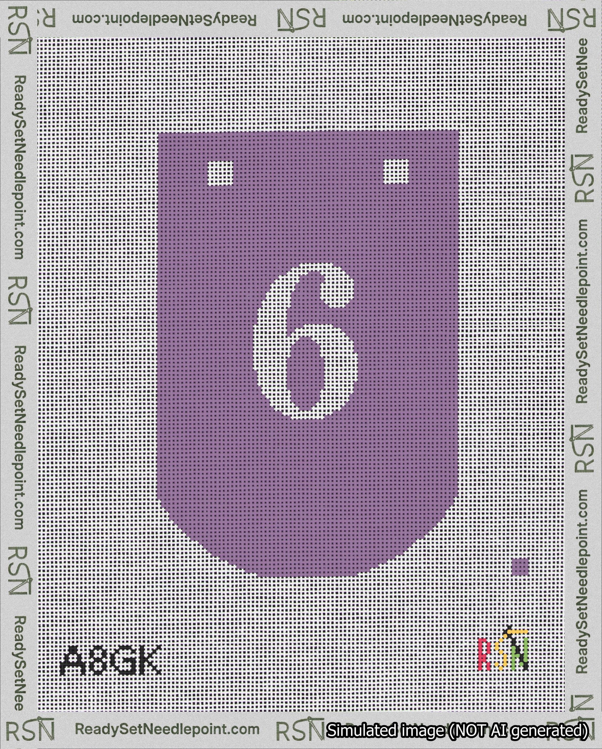 A taped needlepoint canvas with the design: Banner 18 mesh count Curved 6 White on Purple.