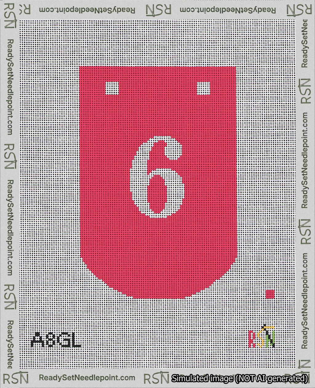 A taped needlepoint canvas with the design: Banner 18 mesh count Curved 6 White on Red.