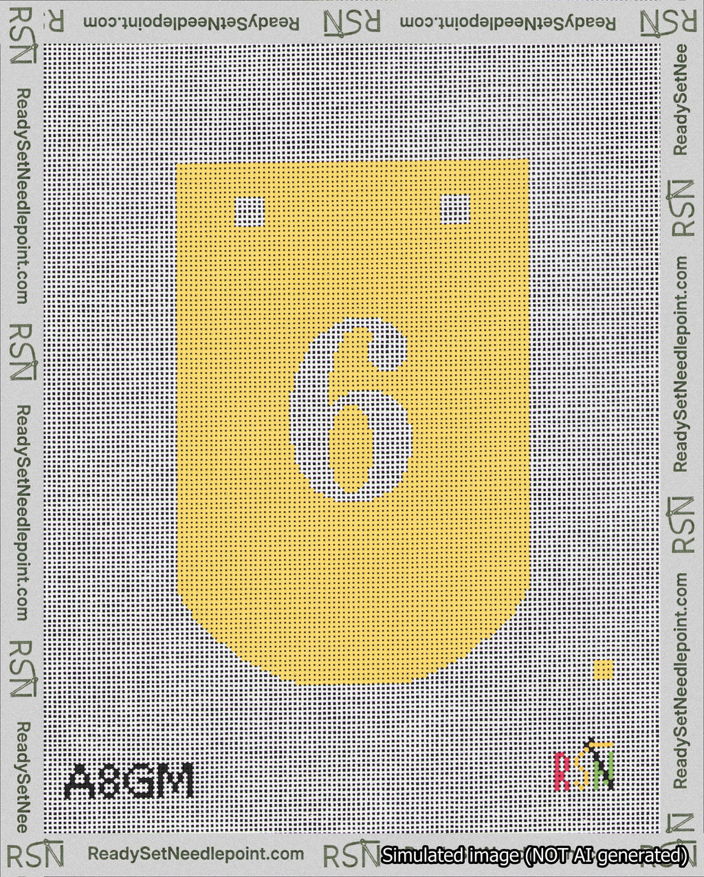 A taped needlepoint canvas with the design: Banner 18 mesh count Curved 6 White on Yellow.