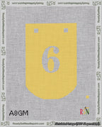 A taped needlepoint canvas with the design: Banner 18 mesh count Curved 6 White on Yellow.