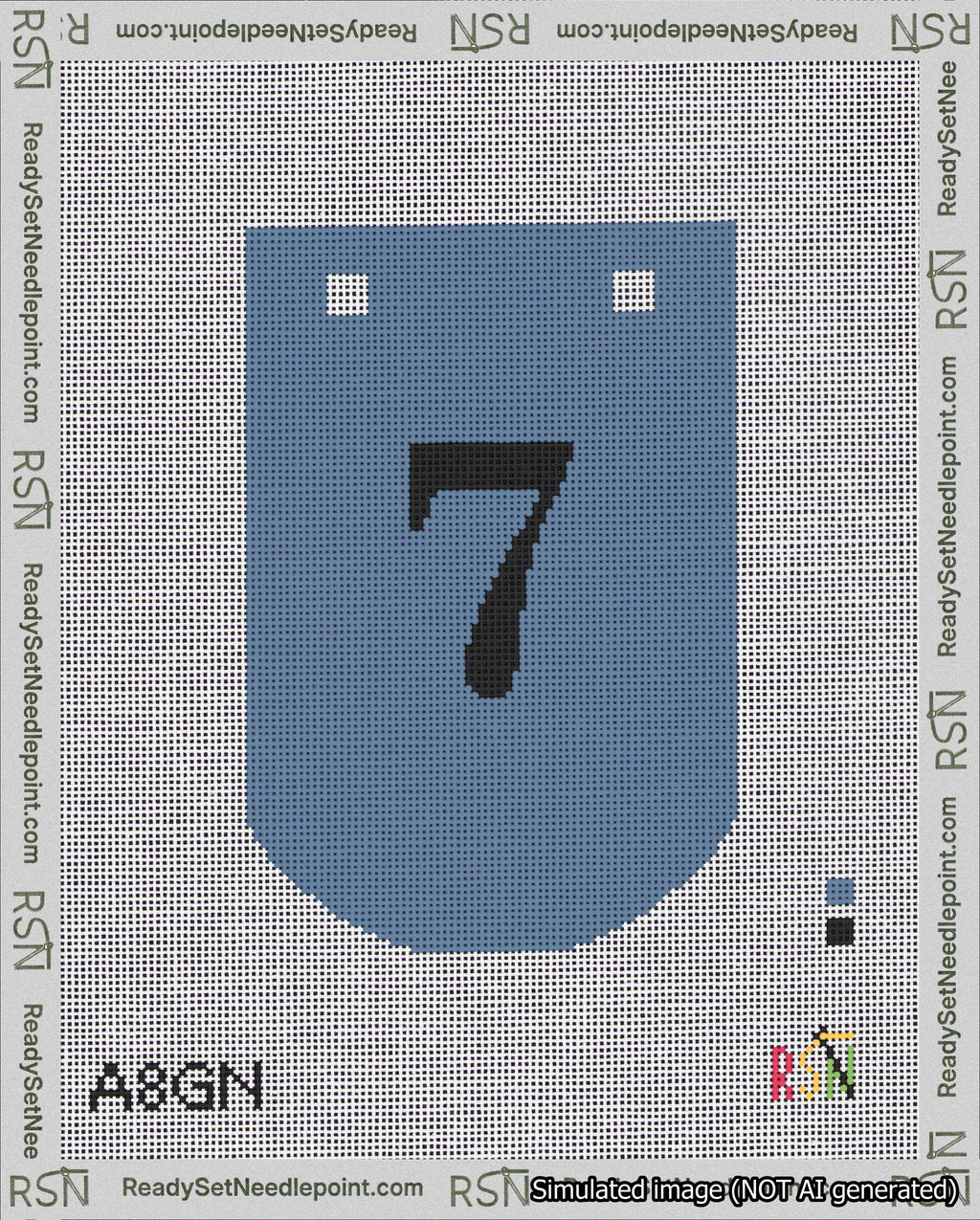 A taped needlepoint canvas with the design: Banner 18 mesh count Curved 7 Black on Blue.