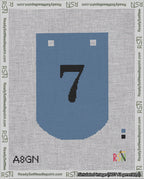 A taped needlepoint canvas with the design: Banner 18 mesh count Curved 7 Black on Blue.