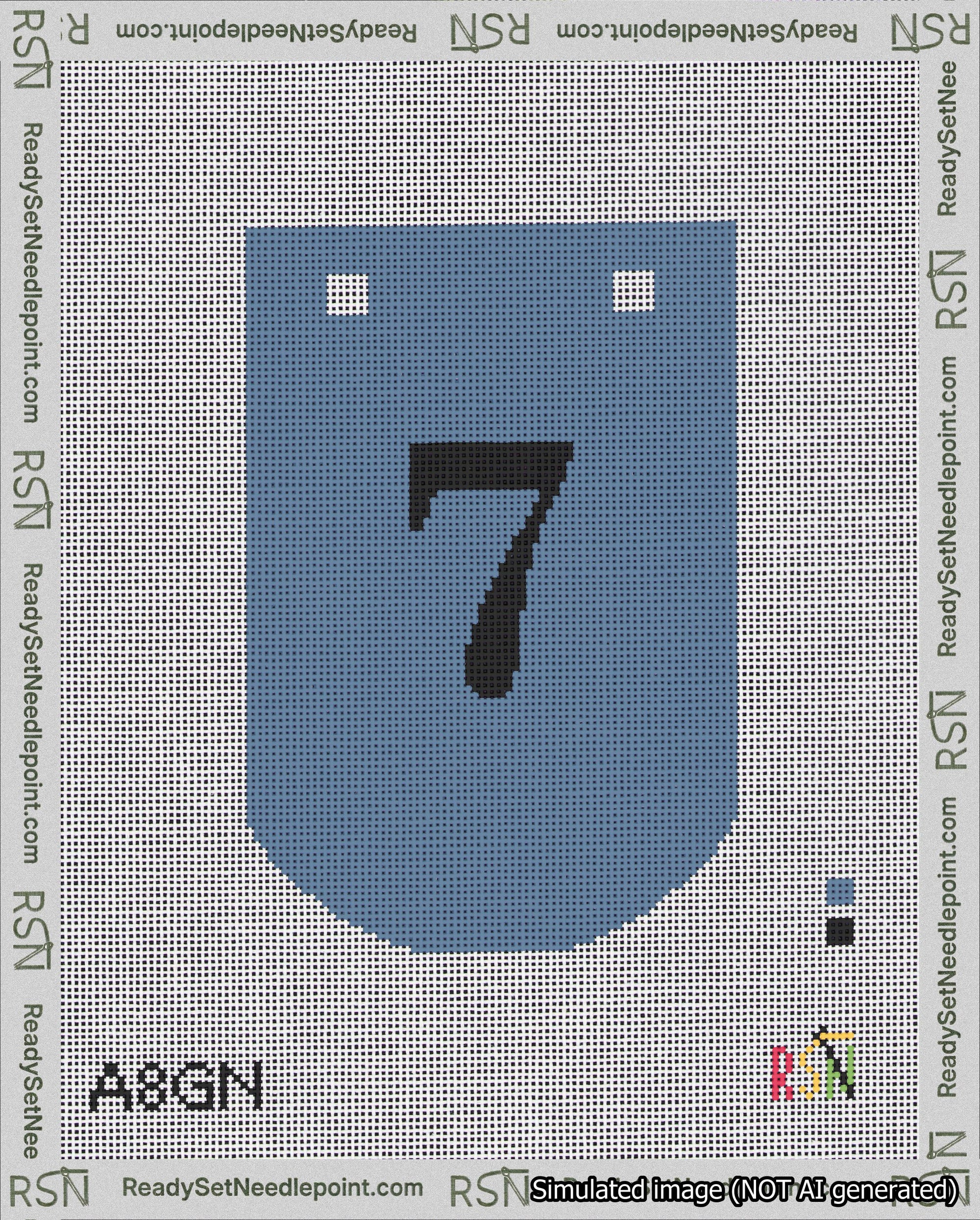 A taped needlepoint canvas with the design: Banner 18 mesh count Curved 7 Black on Blue.
