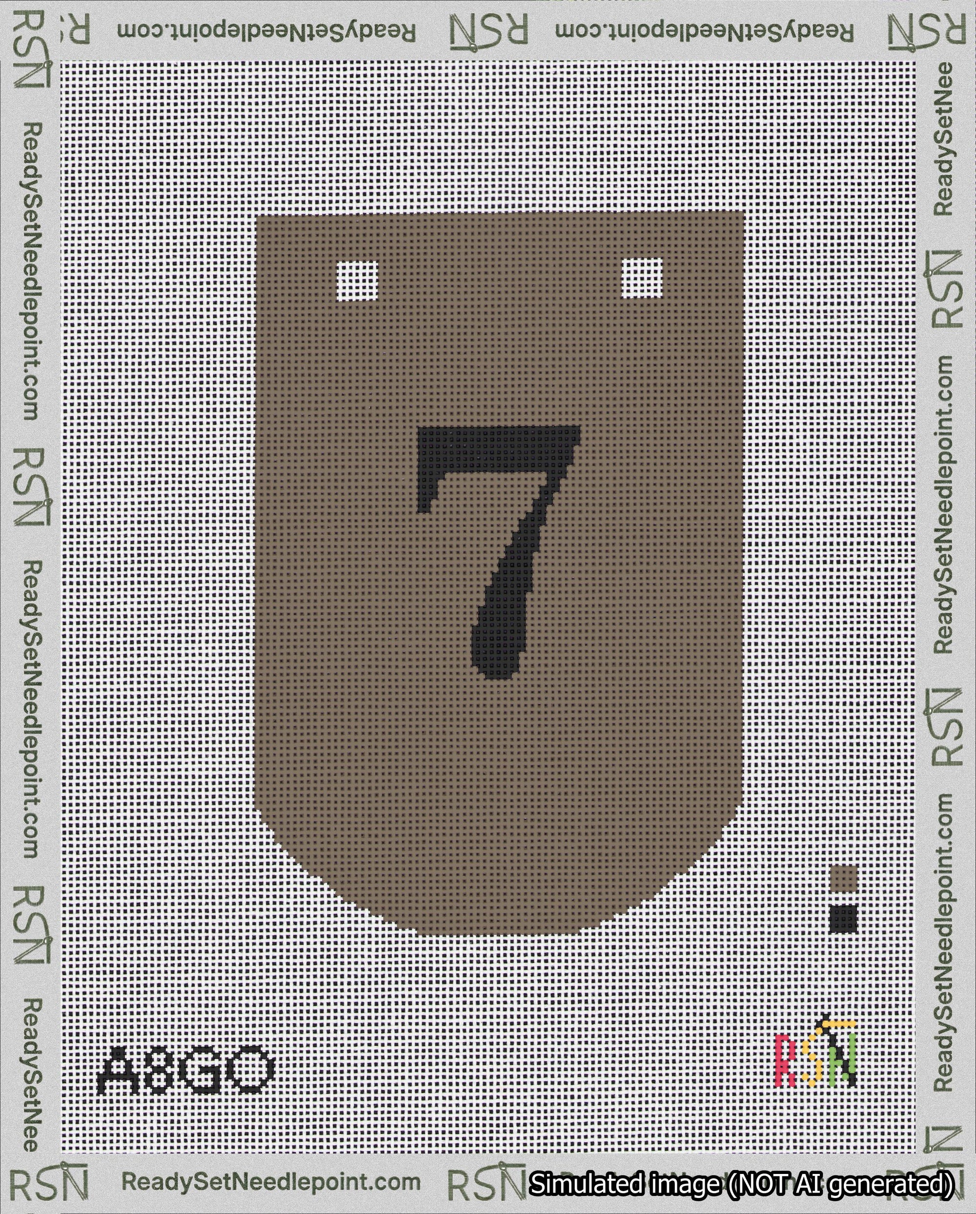A taped needlepoint canvas with the design: Banner 18 mesh count Curved 7 Black on Brown.