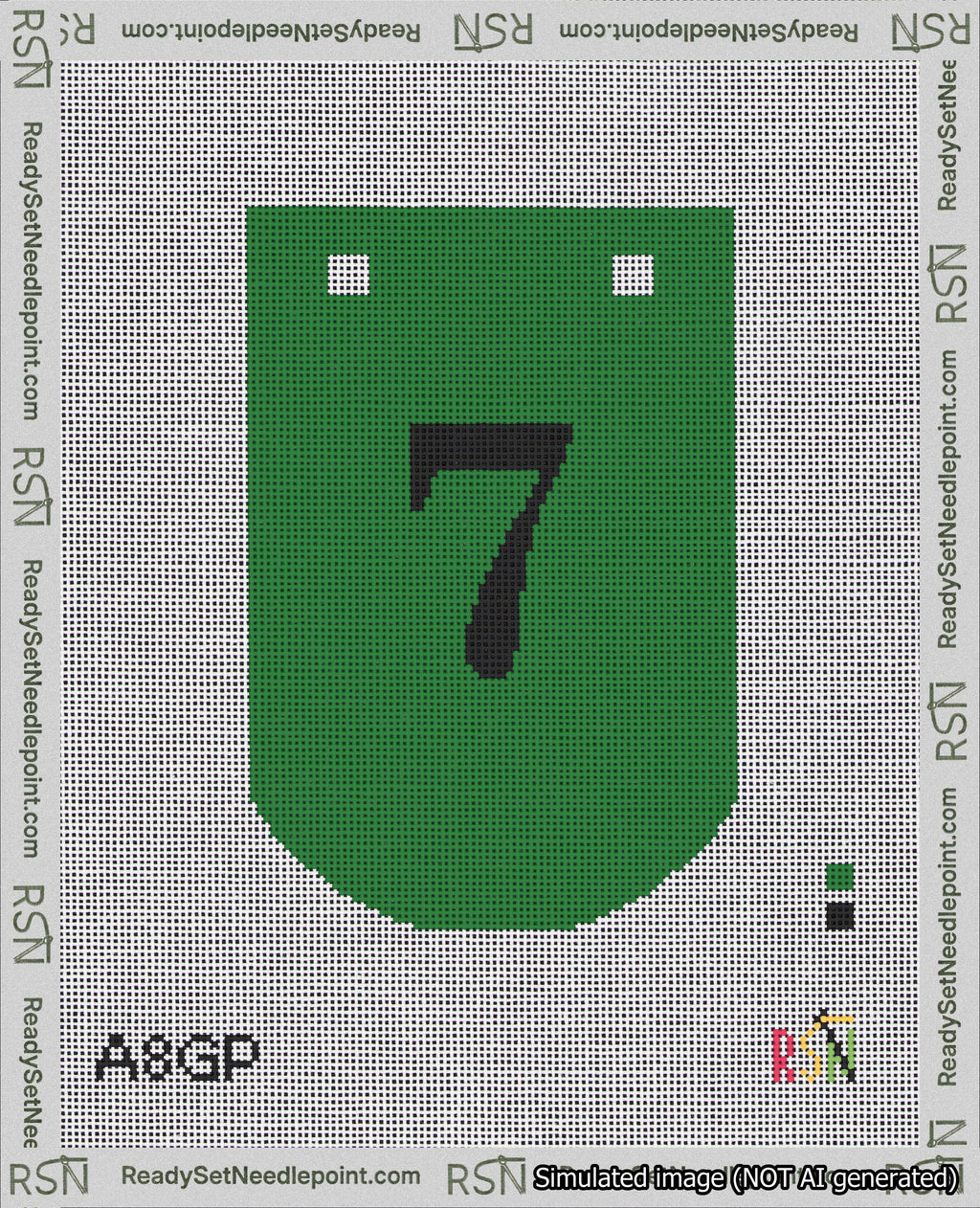 A taped needlepoint canvas with the design: Banner 18 mesh count Curved 7 Black on Green.