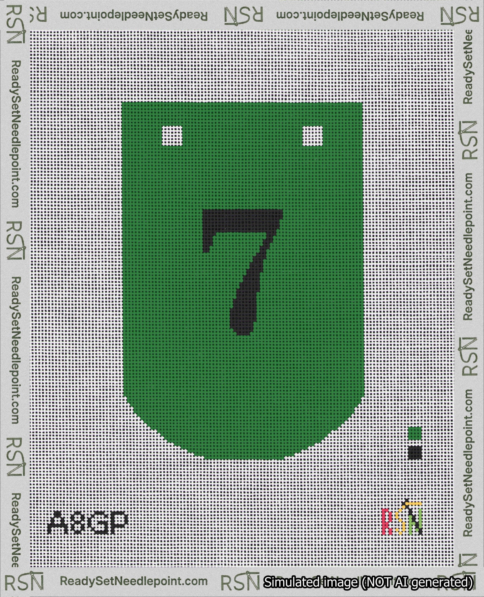 A taped needlepoint canvas with the design: Banner 18 mesh count Curved 7 Black on Green.