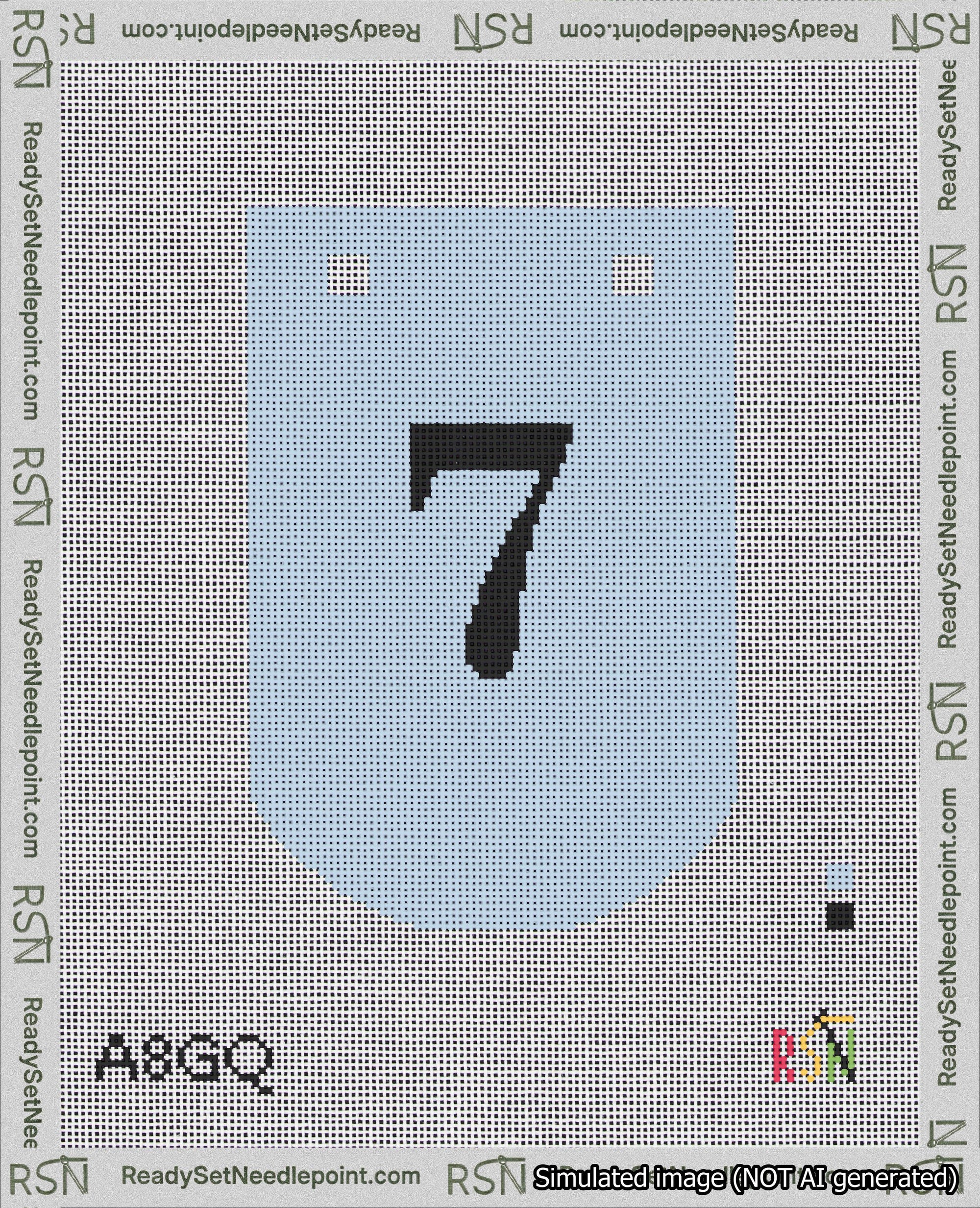 A taped needlepoint canvas with the design: Banner 18 mesh count Curved 7 Black on Light Blue.