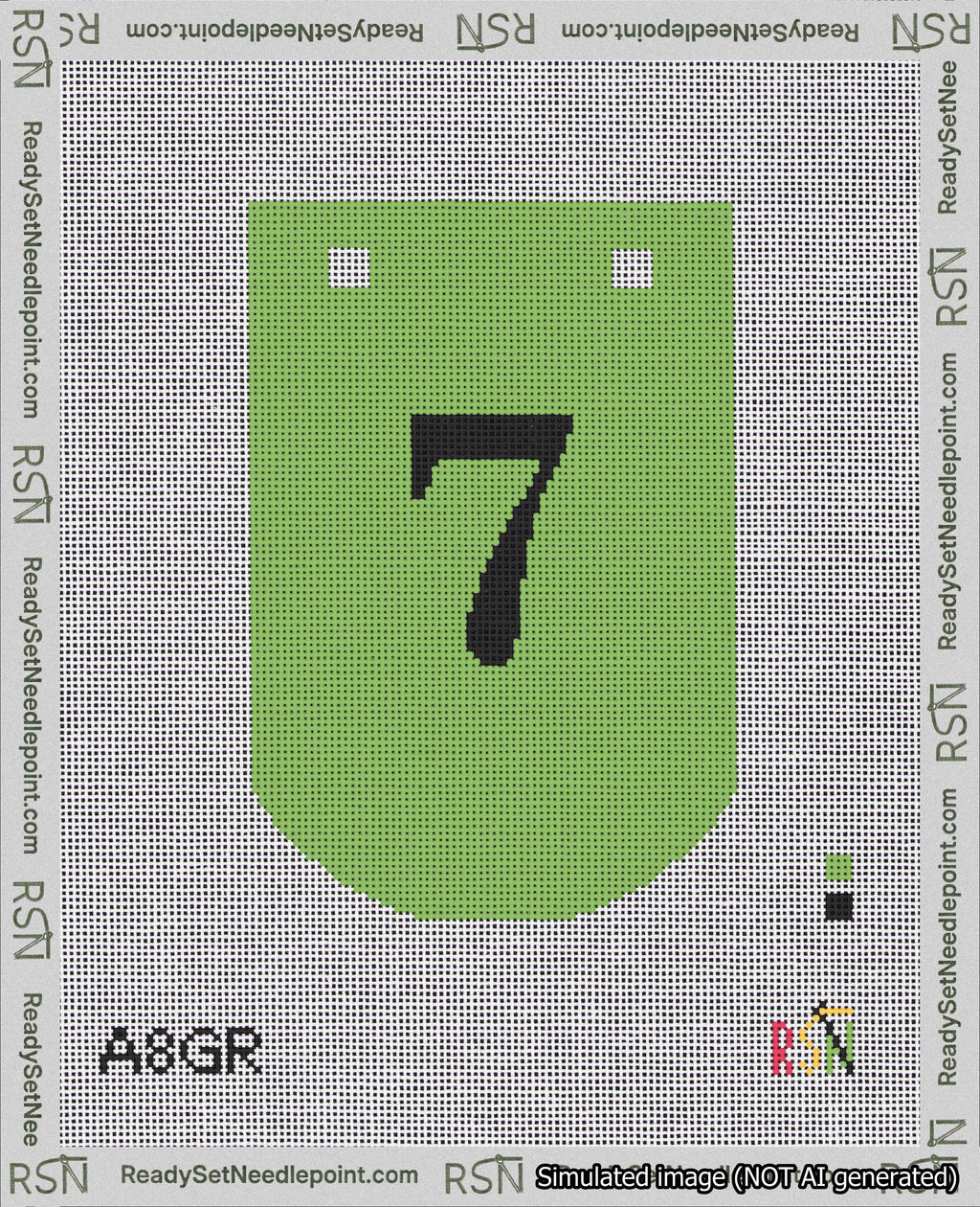 A taped needlepoint canvas with the design: Banner 18 mesh count Curved 7 Black on Light Green.