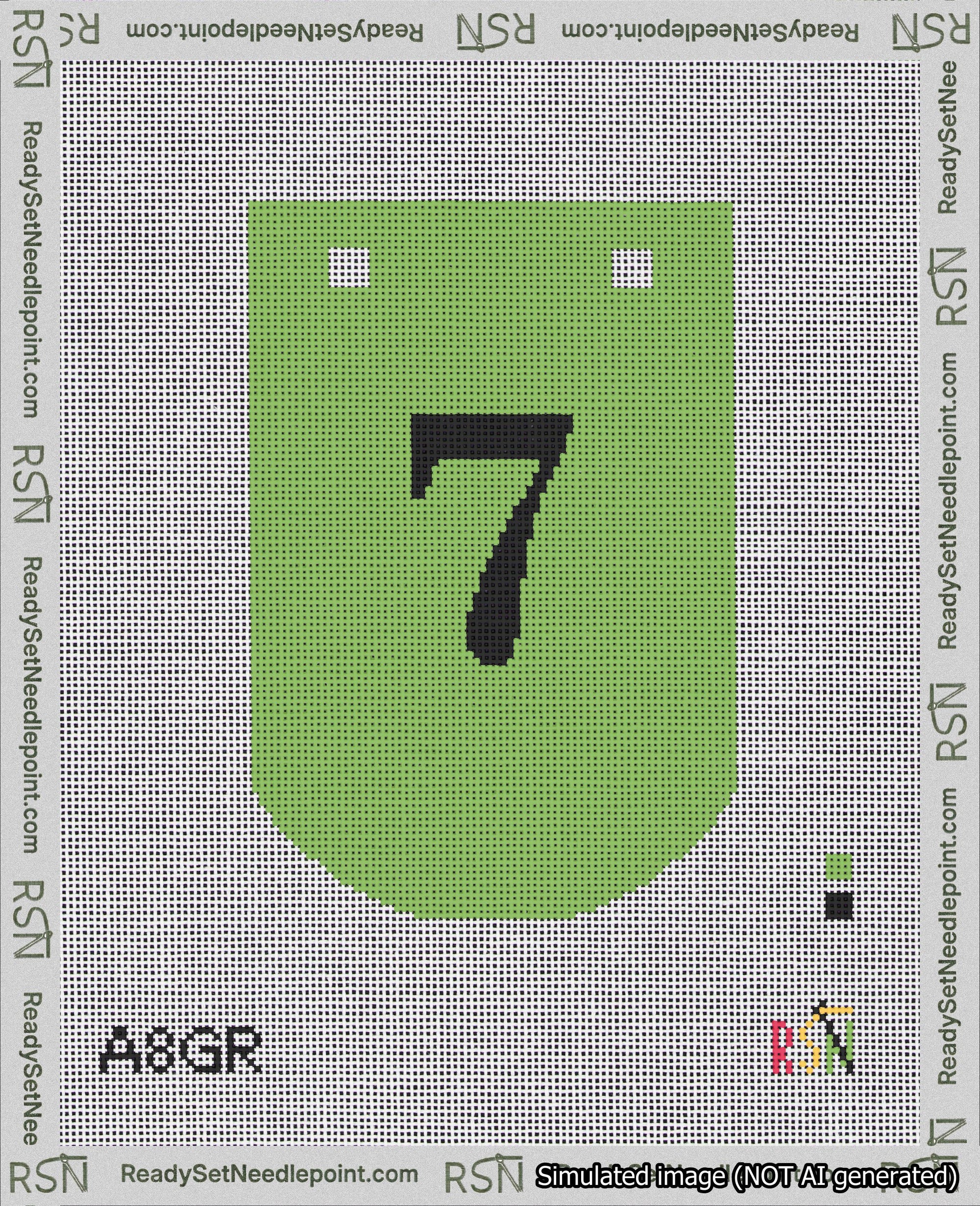 A taped needlepoint canvas with the design: Banner 18 mesh count Curved 7 Black on Light Green.