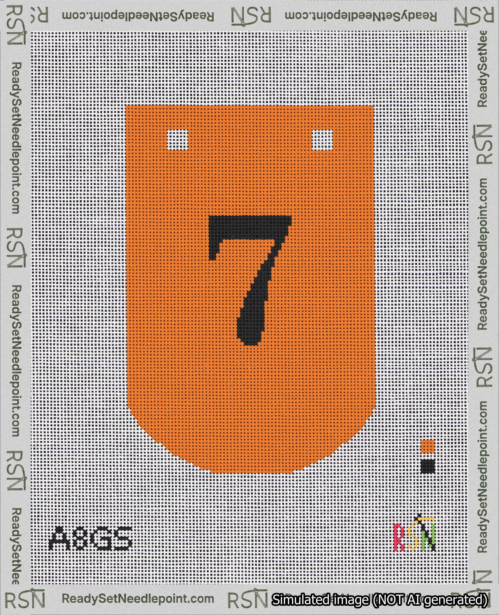 A taped needlepoint canvas with the design: Banner 18 mesh count Curved 7 Black on Orange.
