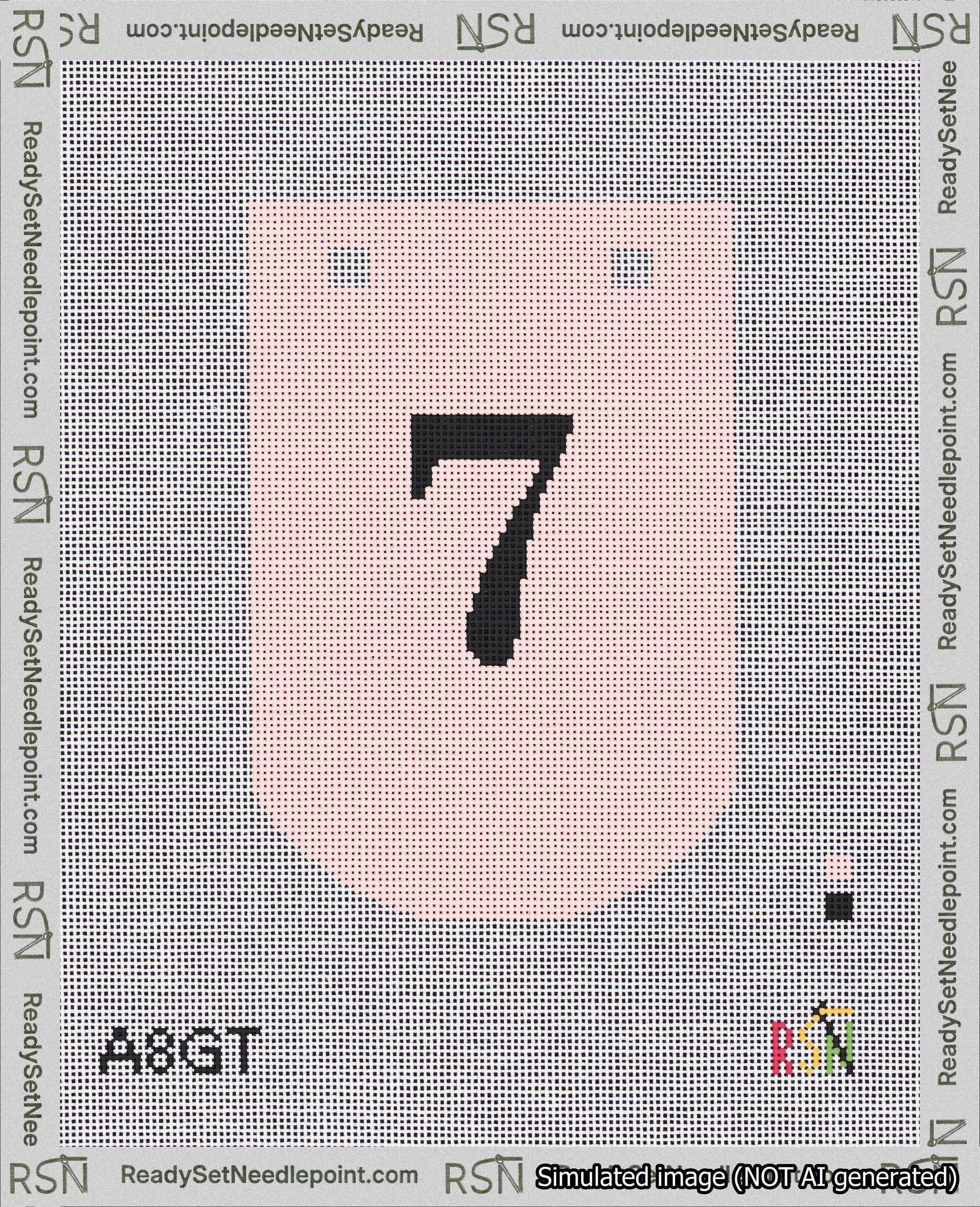 A taped needlepoint canvas with the design: Banner 18 mesh count Curved 7 Black on Pink.