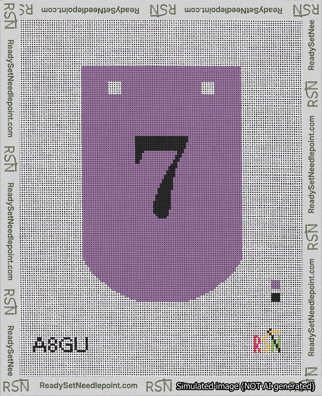 A taped needlepoint canvas with the design: Banner 18 mesh count Curved 7 Black on Purple.