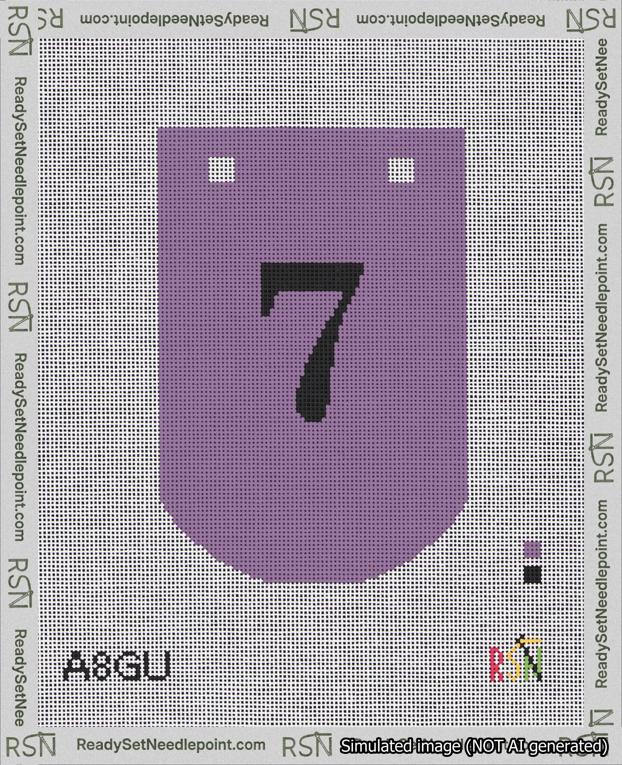 A taped needlepoint canvas with the design: Banner 18 mesh count Curved 7 Black on Purple.