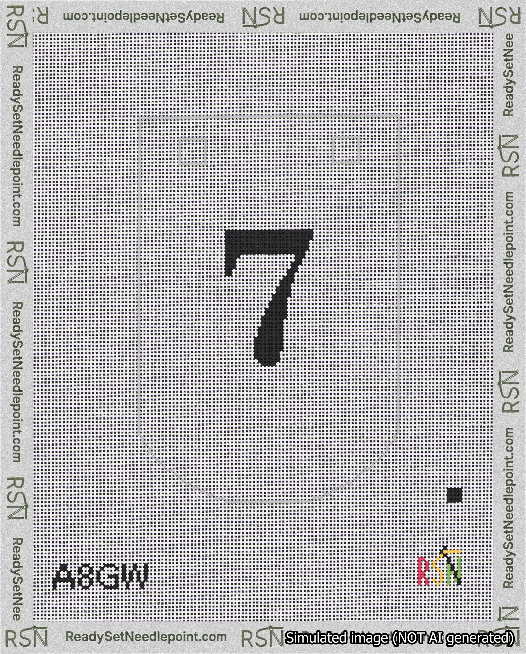 A taped needlepoint canvas with the design: Banner 18 mesh count Curved 7 Black on White.