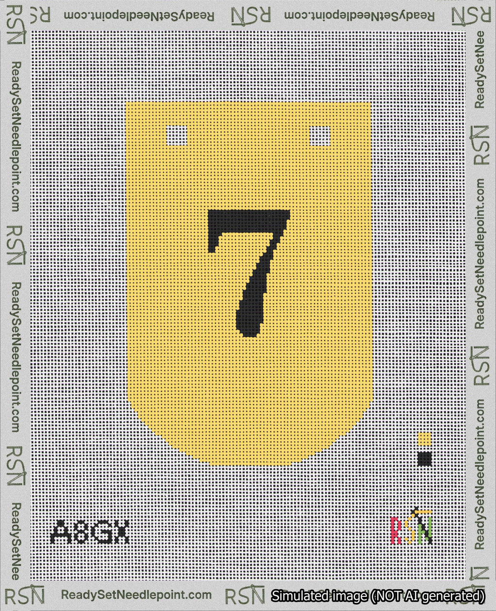 A taped needlepoint canvas with the design: Banner 18 mesh count Curved 7 Black on Yellow.