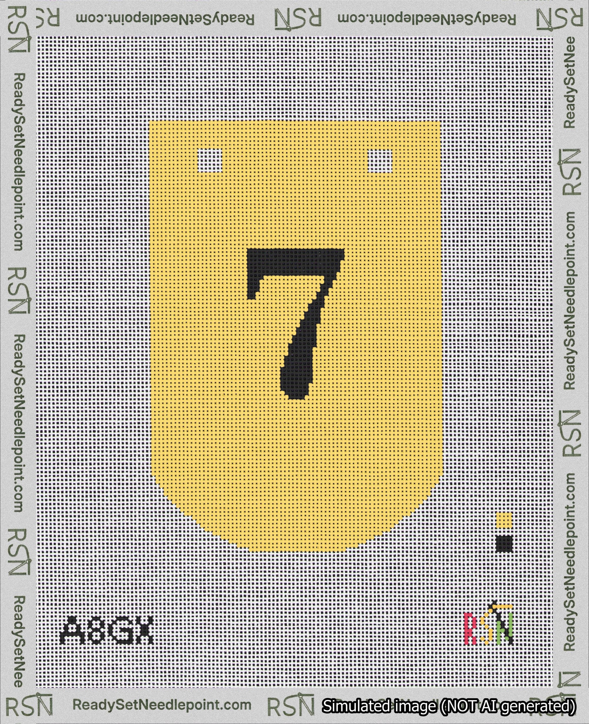 A taped needlepoint canvas with the design: Banner 18 mesh count Curved 7 Black on Yellow.