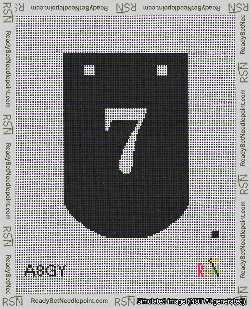 A taped needlepoint canvas with the design: Banner 18 mesh count Curved 7 White on Black.