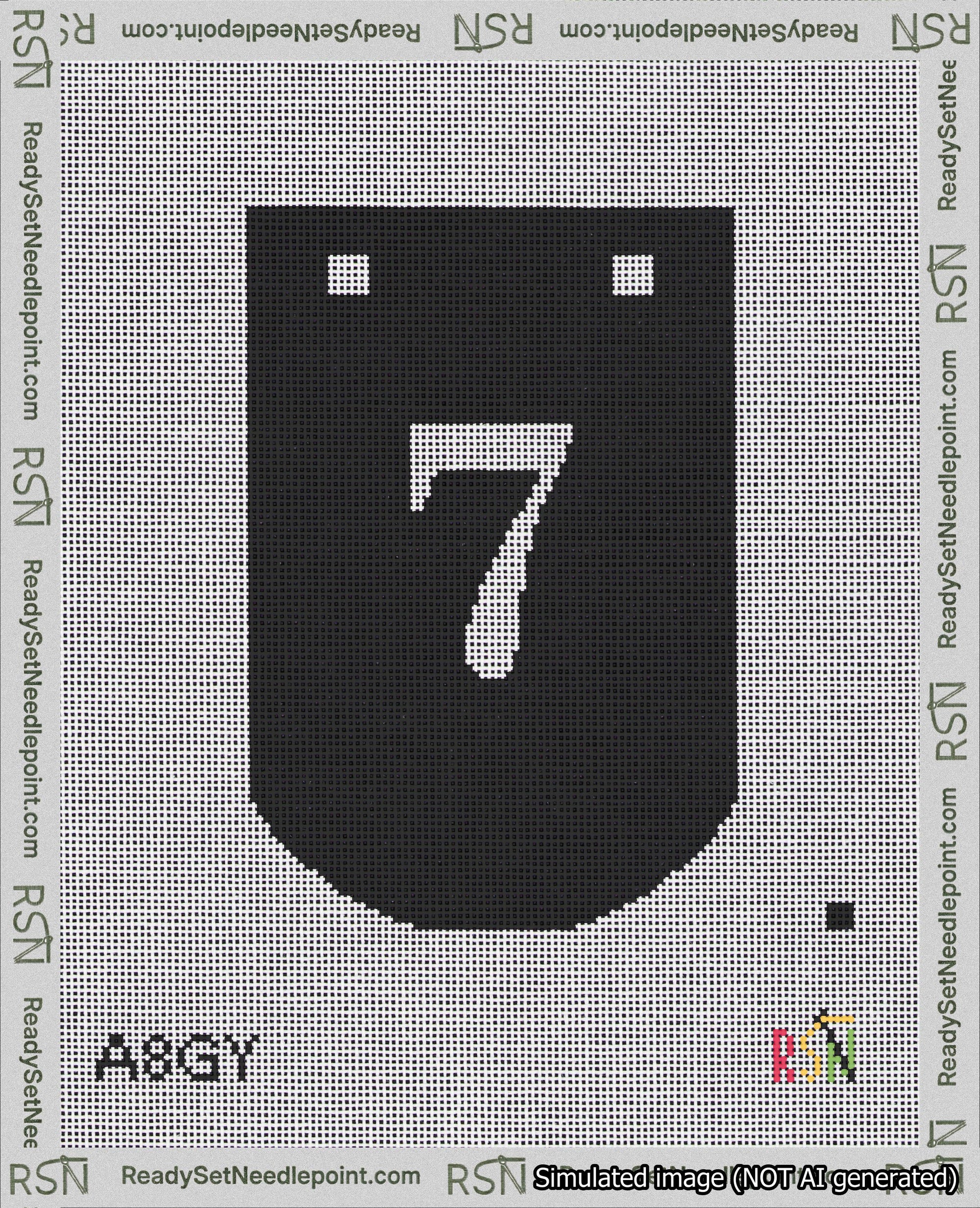 A taped needlepoint canvas with the design: Banner 18 mesh count Curved 7 White on Black.