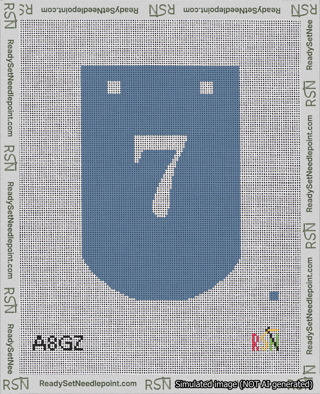 A taped needlepoint canvas with the design: Banner 18 mesh count Curved 7 White on Blue.