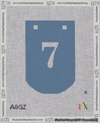 A taped needlepoint canvas with the design: Banner 18 mesh count Curved 7 White on Blue.
