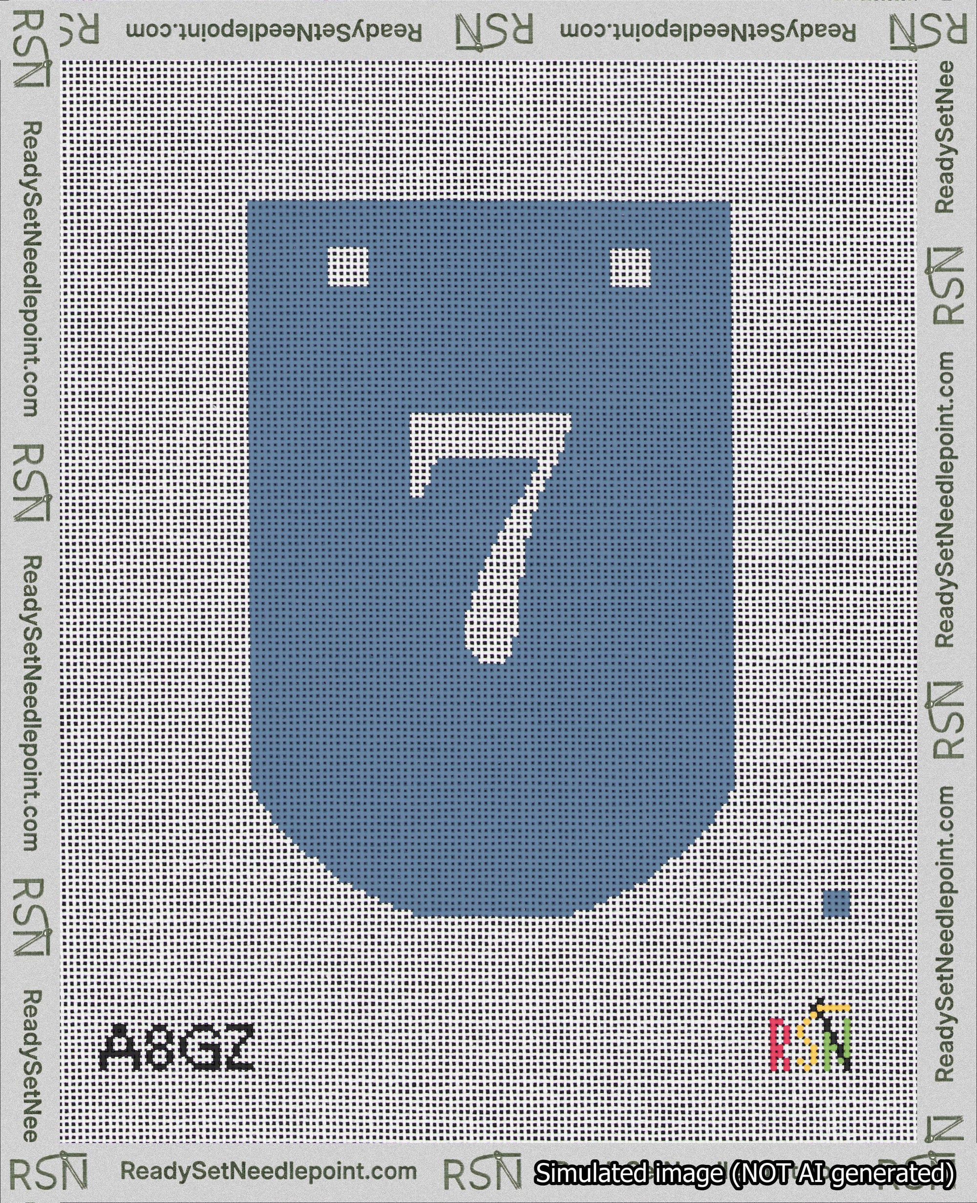 A taped needlepoint canvas with the design: Banner 18 mesh count Curved 7 White on Blue.