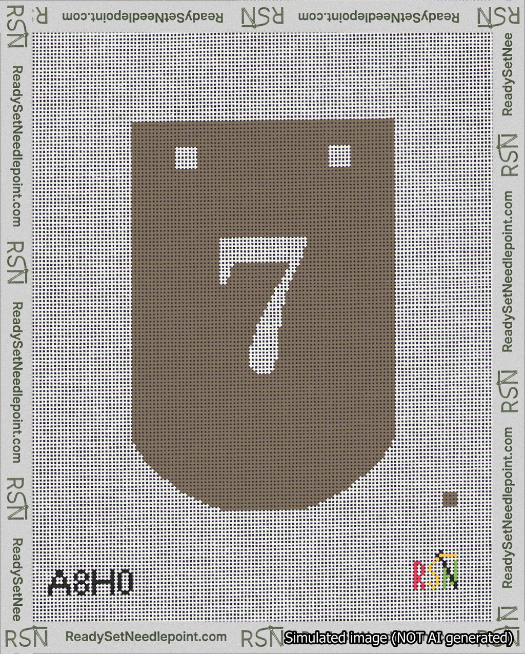 A taped needlepoint canvas with the design: Banner 18 mesh count Curved 7 White on Brown.