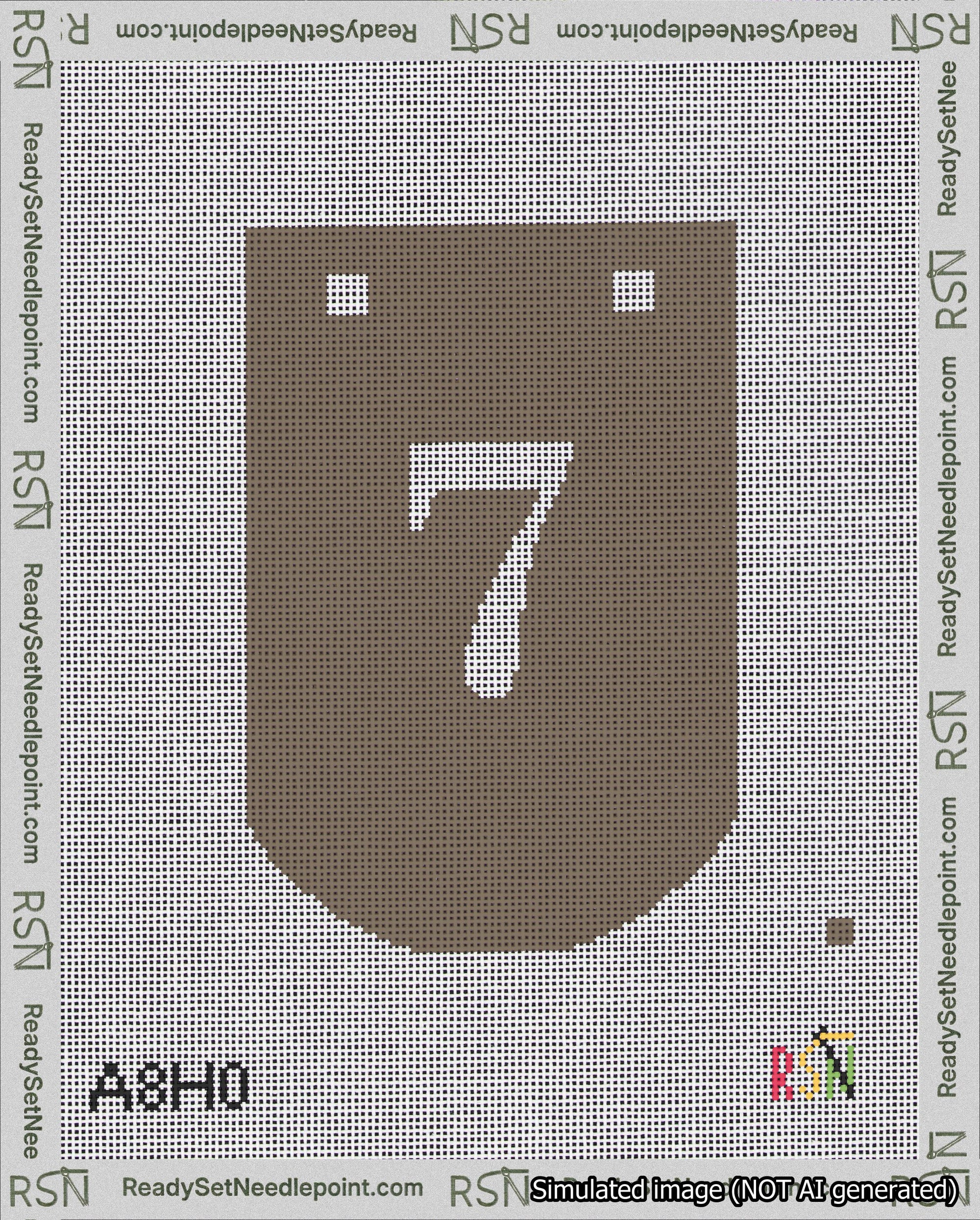 A taped needlepoint canvas with the design: Banner 18 mesh count Curved 7 White on Brown.