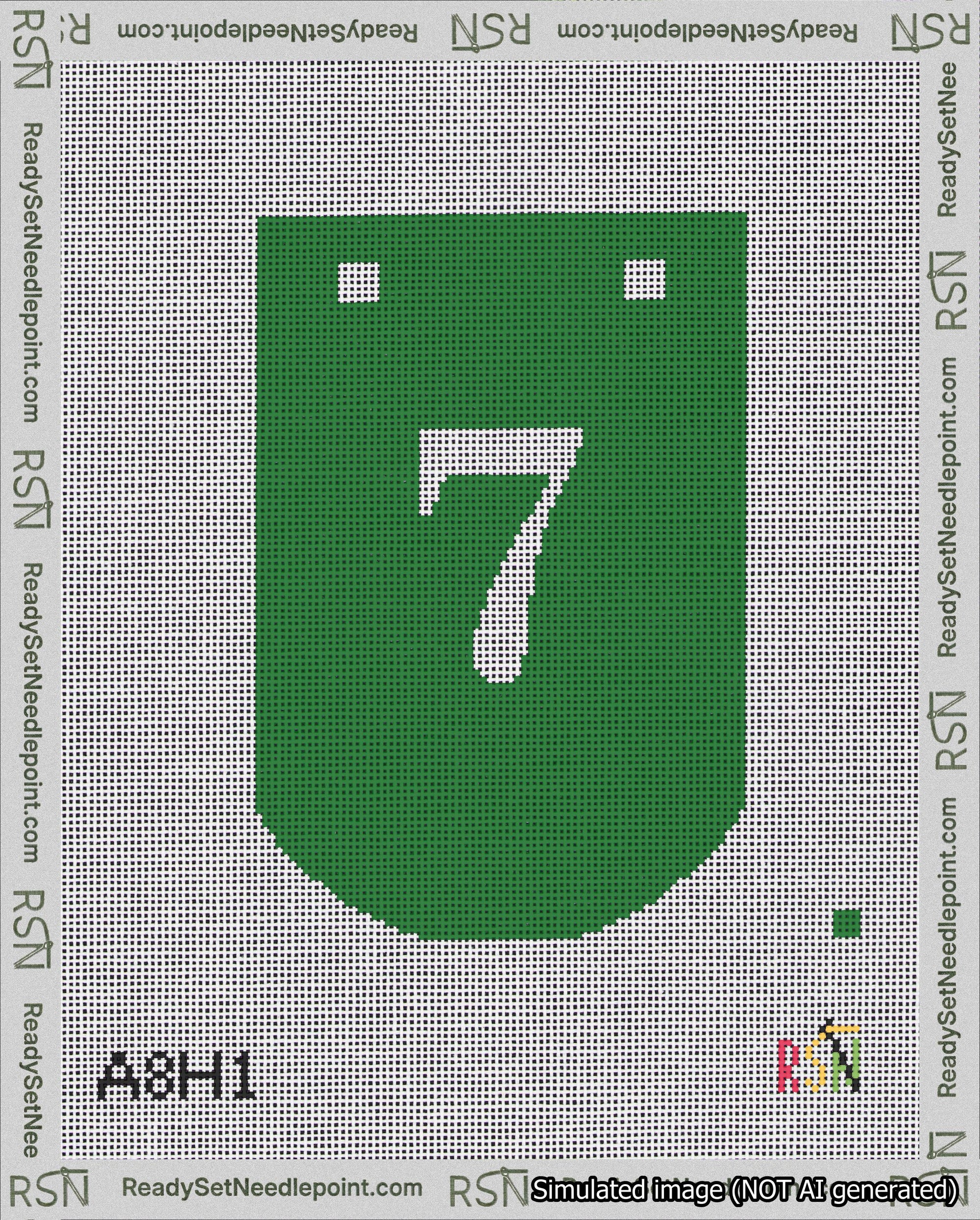 A taped needlepoint canvas with the design: Banner 18 mesh count Curved 7 White on Green.