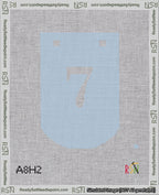 A taped needlepoint canvas with the design: Banner 18 mesh count Curved 7 White on Light Blue.