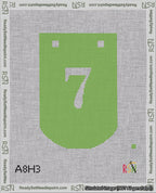 A taped needlepoint canvas with the design: Banner 18 mesh count Curved 7 White on Light Green.