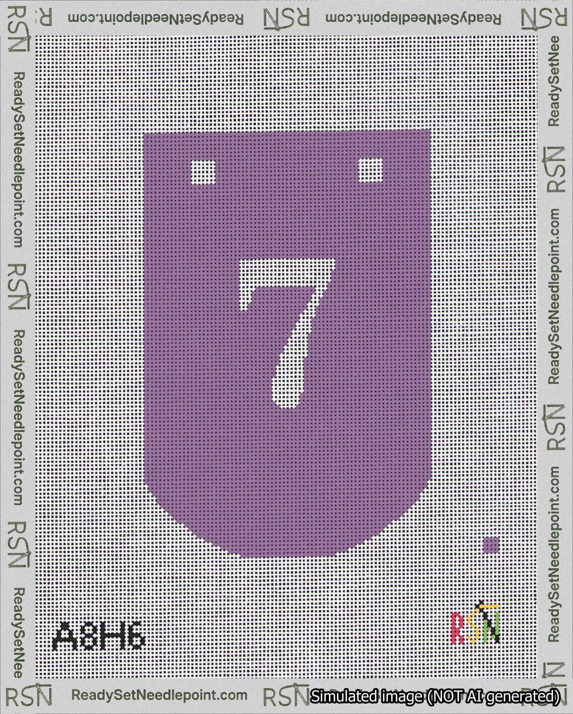 A taped needlepoint canvas with the design: Banner 18 mesh count Curved 7 White on Purple.