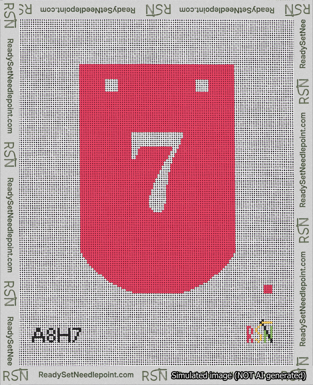 A taped needlepoint canvas with the design: Banner 18 mesh count Curved 7 White on Red.