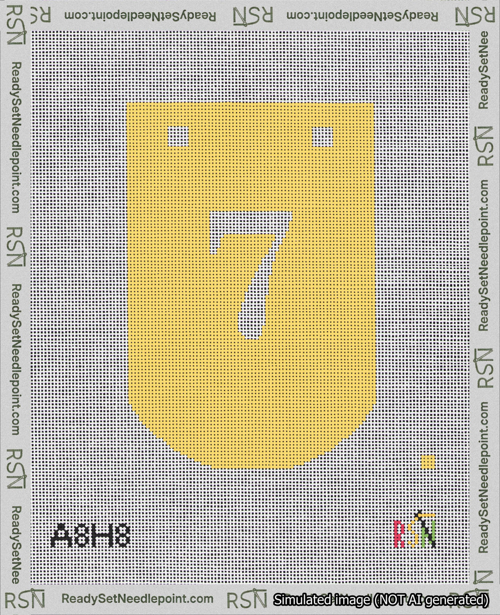 A taped needlepoint canvas with the design: Banner 18 mesh count Curved 7 White on Yellow.