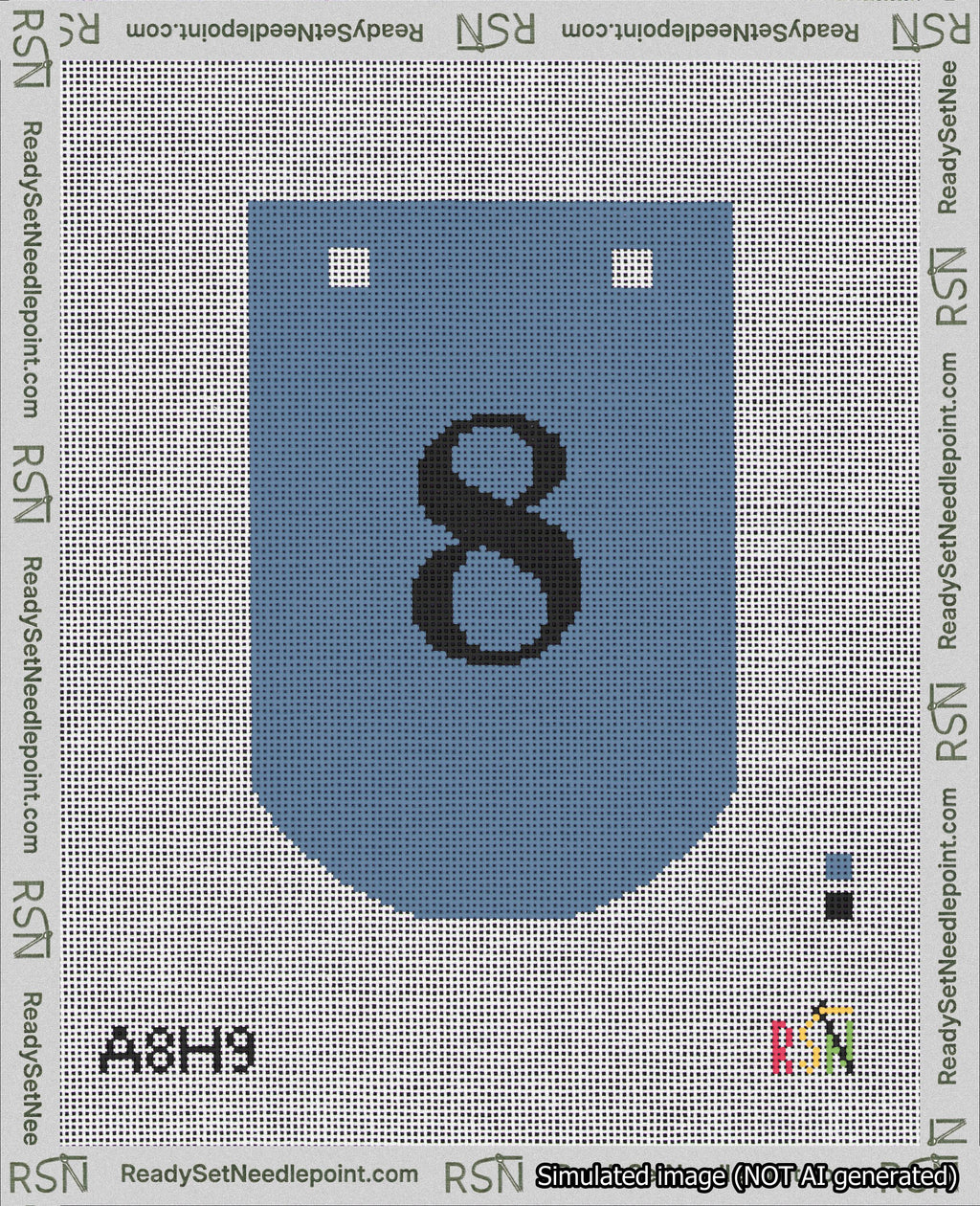 A taped needlepoint canvas with the design: Banner 18 mesh count Curved 8 Black on Blue.