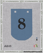 A taped needlepoint canvas with the design: Banner 18 mesh count Curved 8 Black on Blue.