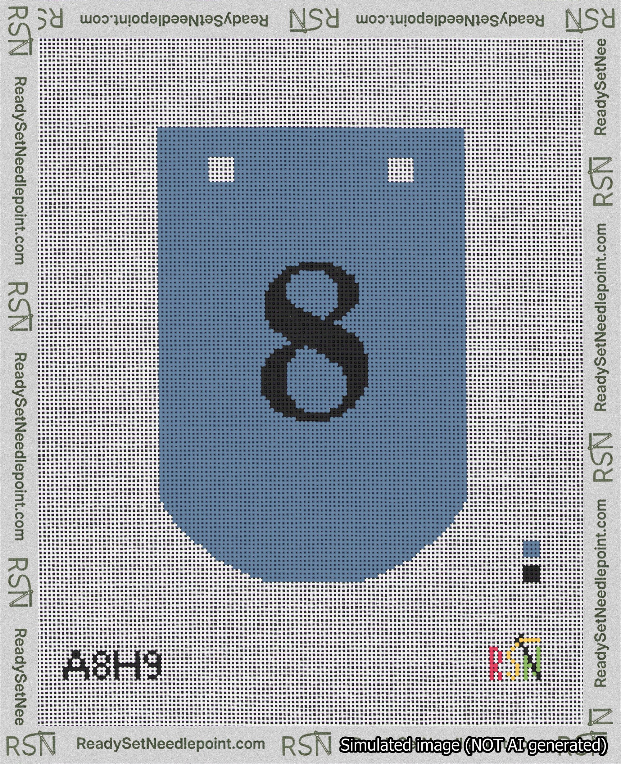 A taped needlepoint canvas with the design: Banner 18 mesh count Curved 8 Black on Blue.