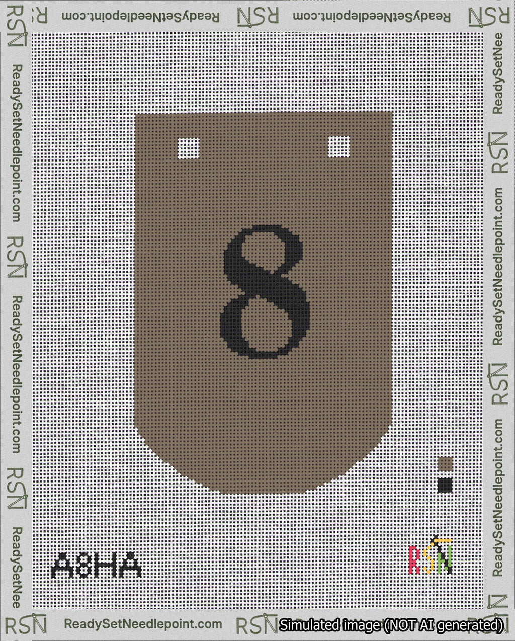 A taped needlepoint canvas with the design: Banner 18 mesh count Curved 8 Black on Brown.